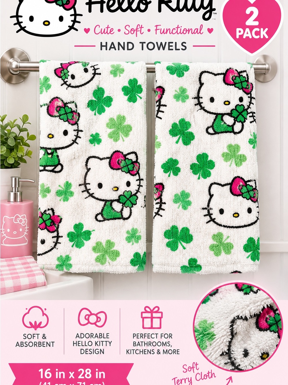 Hello Kitty White Hand Towels with Green & Pink Clover Design - 2 Pack